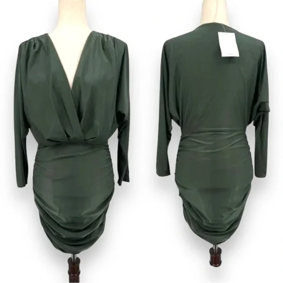 SOLD! Olive Green Surplice Batwing Midi Ruched Long Sleeve Dress Size Medium/8 - Picture 7 of 10